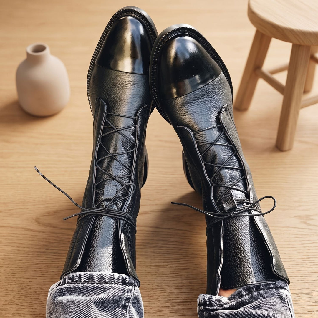Amber - Women's Lace-Up Short Boots in Textured Leather