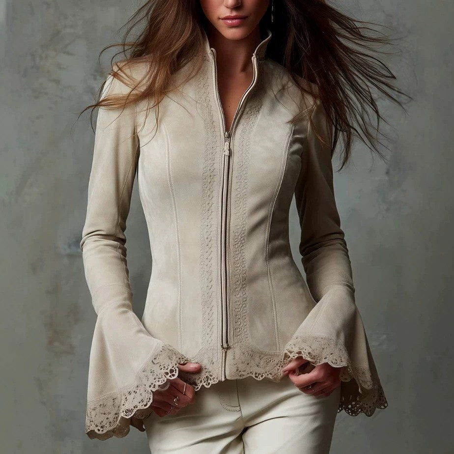 Amora - Women's Lace-Trimmed Suede Zip-Up Bell-Sleeve Jacket 3
