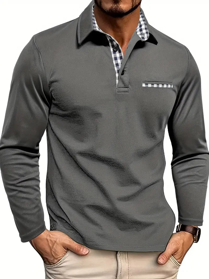 Andy - Men's Checkered Detail Long Sleeve Polo Shirt