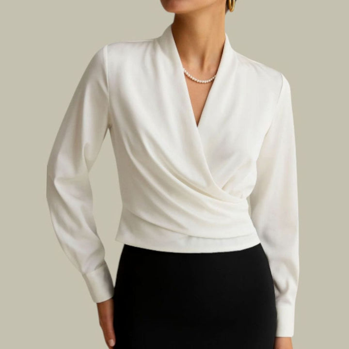 Arianna - Women's Wrap-Front V-Neck Satin Blouse with Buttoned Cuffs