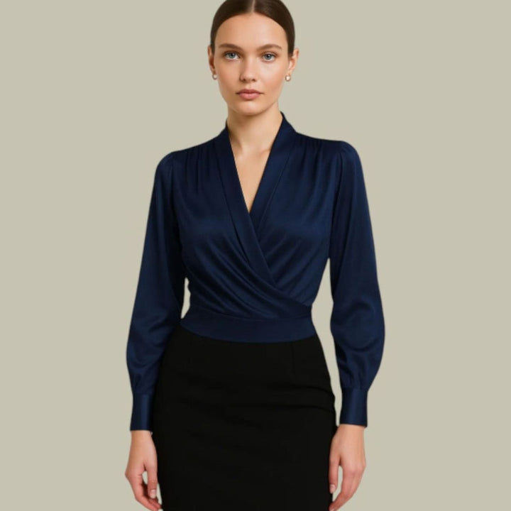Arianna - Women's Wrap-Front V-Neck Satin Blouse with Buttoned Cuffs