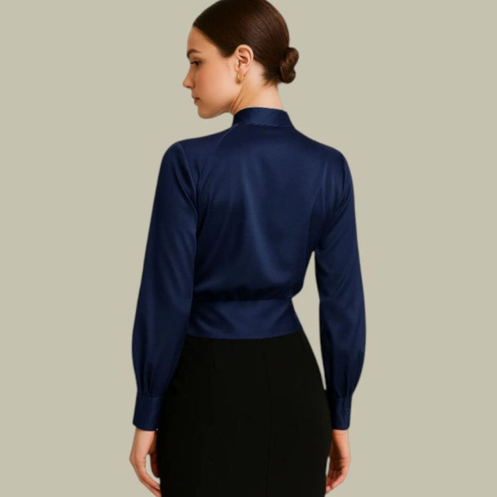 Arianna - Women's Wrap-Front V-Neck Satin Blouse with Buttoned Cuffs
