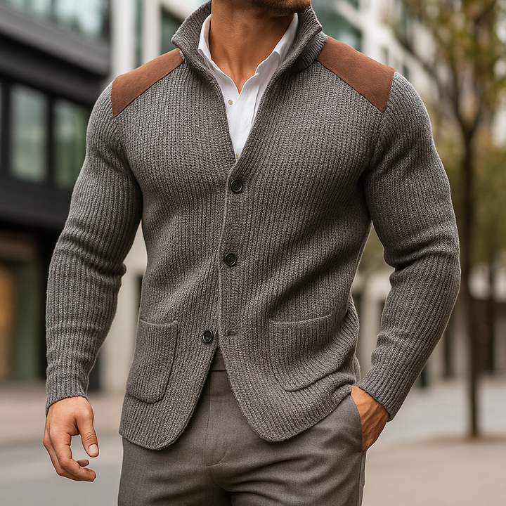 Arven - Men's Button-Front Cardigan with Suede Shoulder Patches