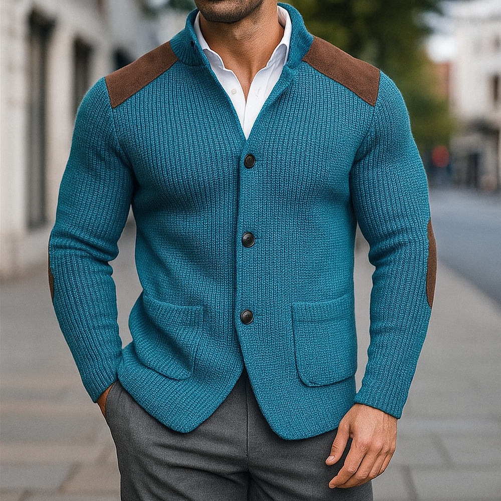 Arven - Men's Button-Front Cardigan with Suede Shoulder Patches