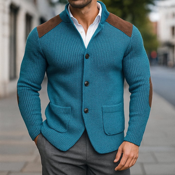 Arven - Men's Button-Front Cardigan with Suede Shoulder Patches