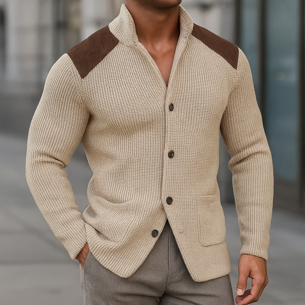 Arven - Men's Button-Front Cardigan with Suede Shoulder Patches