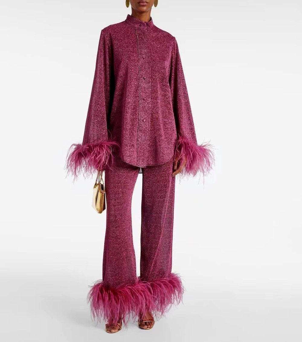 Ava - Women’s Shimmer Two-Piece Set with Feather Trim Cuffs 3