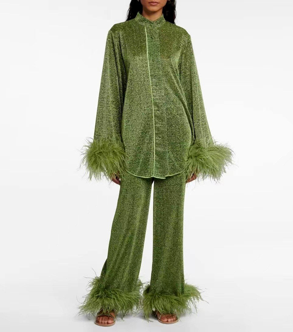 Ava - Women’s Shimmer Two-Piece Set with Feather Trim Cuffs 4
