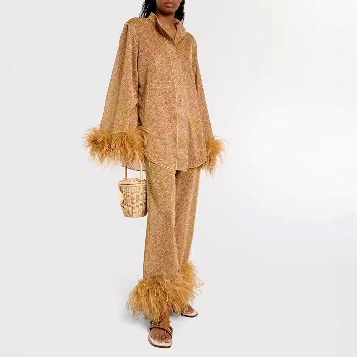 Ava - Women’s Shimmer Two-Piece Set with Feather Trim Cuffs 6