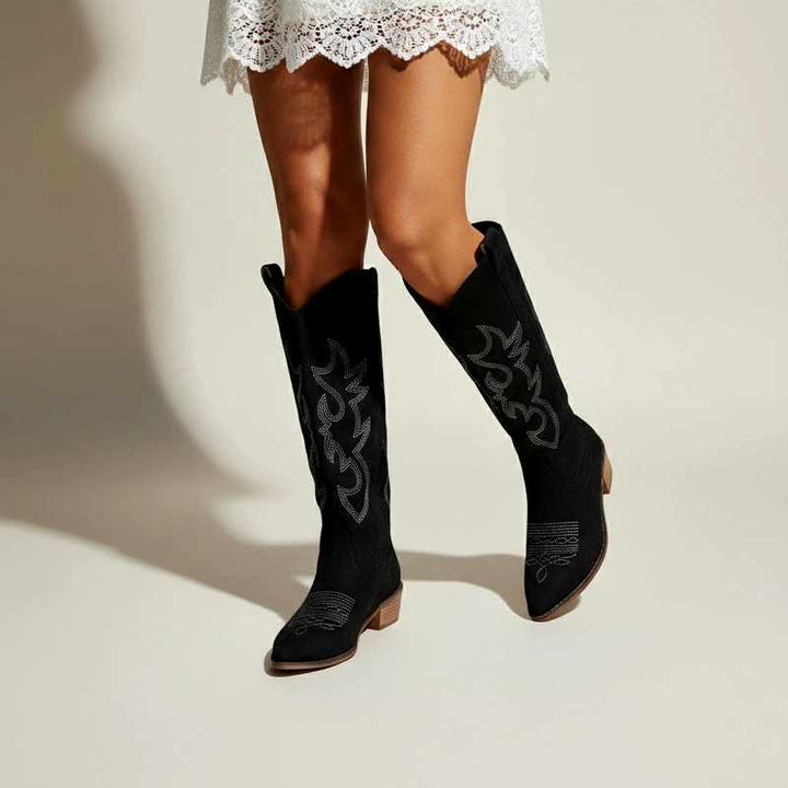Aya - Women's Embroidered Pointed Toe Low Block Heel Boots 1