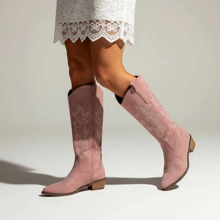 Aya - Women's Embroidered Pointed Toe Low Block Heel Boots 3
