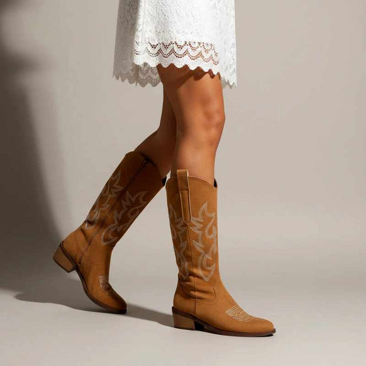 Aya - Women's Embroidered Pointed Toe Low Block Heel Boots 5