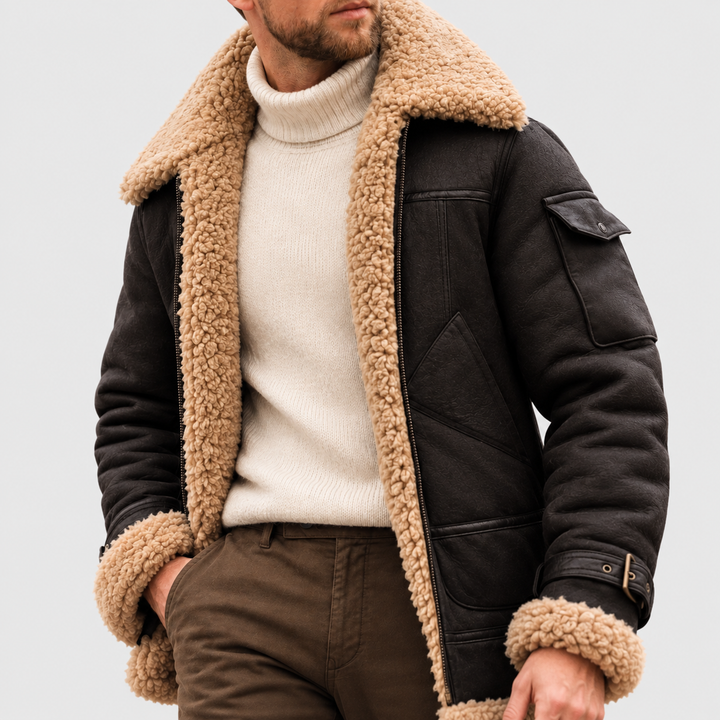 Zayne - Men's Shearling-Collar Suede Aviator Jacket