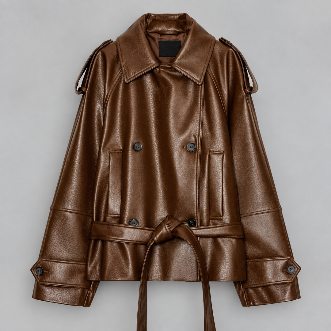 Barbra - Women's Oversized Belted Leather Jacket 2