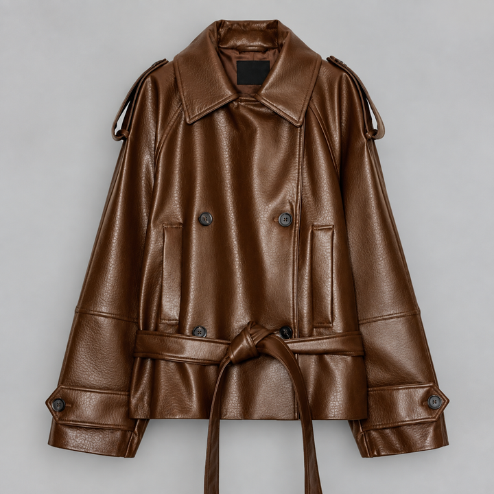 Barbra - Women's Oversized Belted Leather Jacket 2