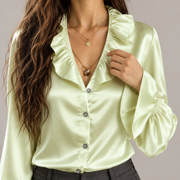 Beatrice - Women's Button-Front Blouse with Ruffle Collar and Bell Cuffs