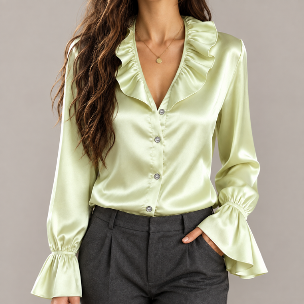 Beatrice - Women's Button-Front Blouse with Ruffle Collar and Bell Cuffs