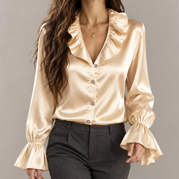 Beatrice - Women's Button-Front Blouse with Ruffle Collar and Bell Cuffs