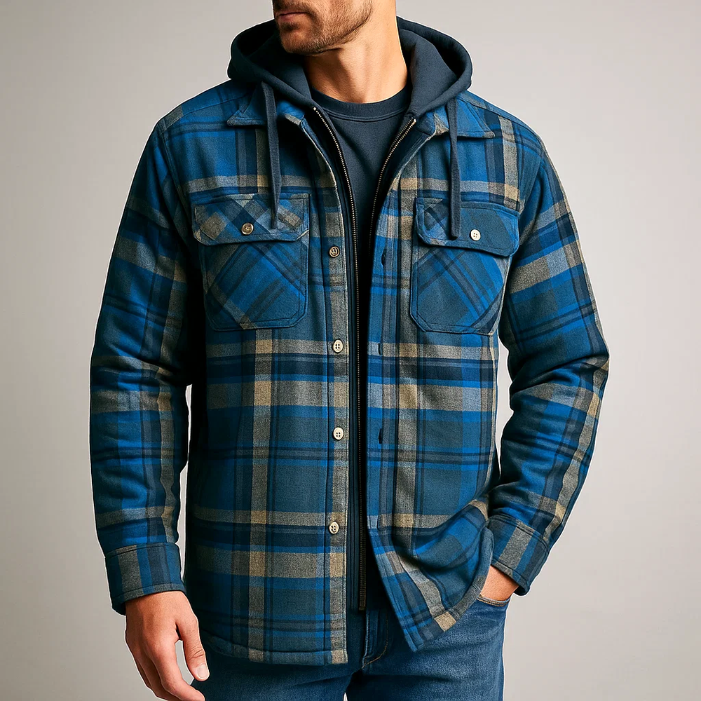 Beckett - Men's Button-Front Plaid Shirt Jacket with Detachable Hood