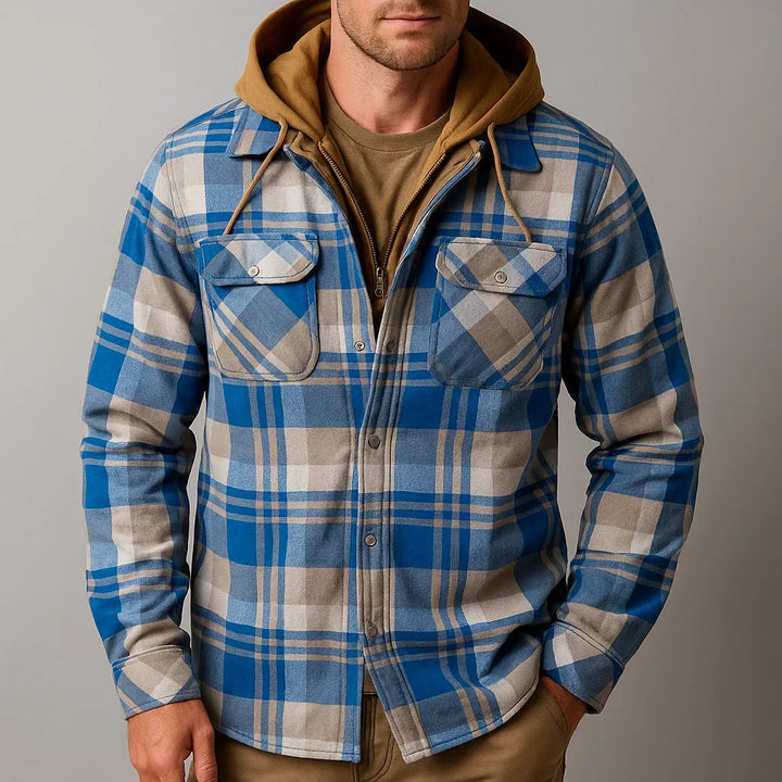 Beckett - Men's Button-Front Plaid Shirt Jacket with Detachable Hood