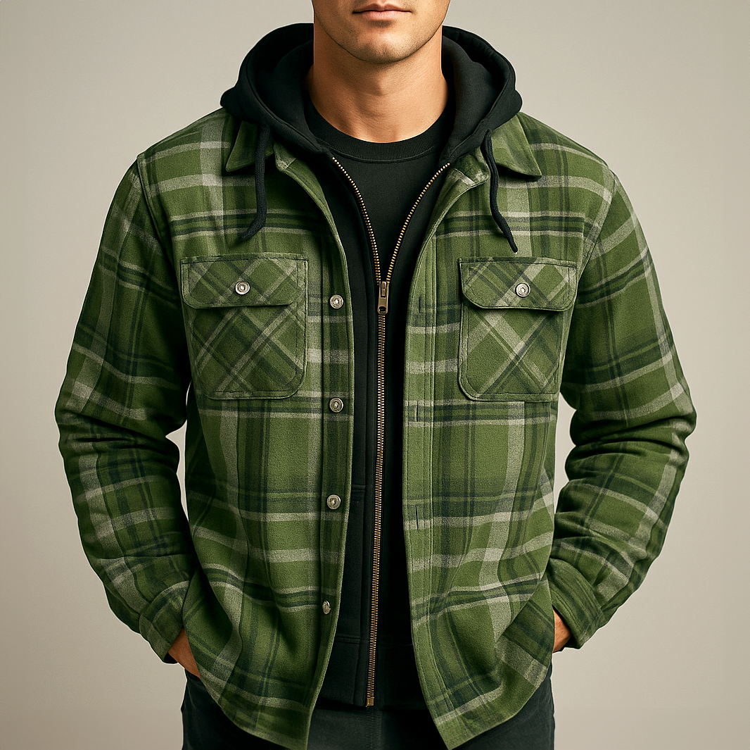 Beckett - Men's Button-Front Plaid Shirt Jacket with Detachable Hood