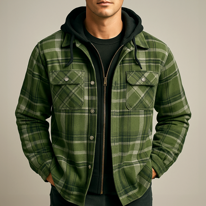 Beckett - Men's Button-Front Plaid Shirt Jacket with Detachable Hood