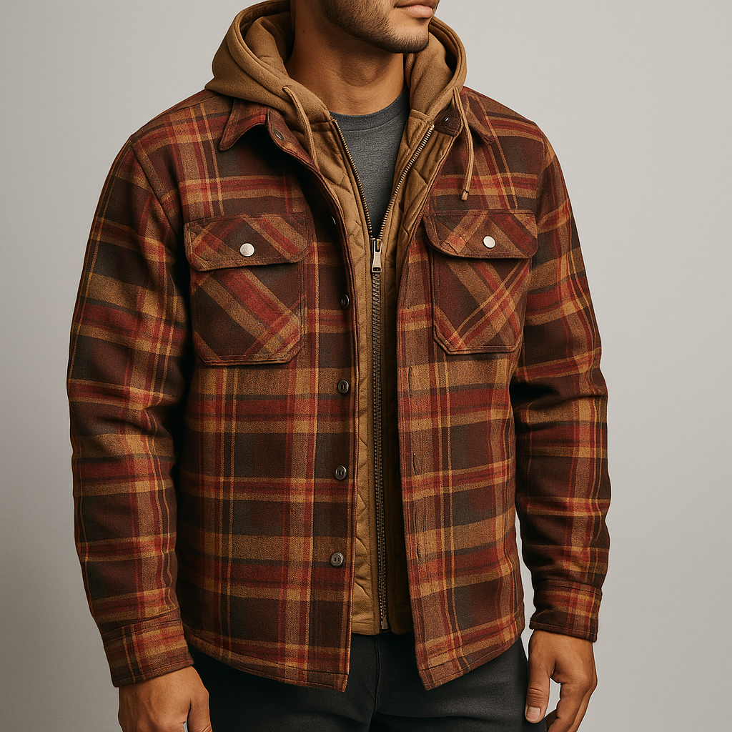 Beckett - Men's Button-Front Plaid Shirt Jacket with Detachable Hood