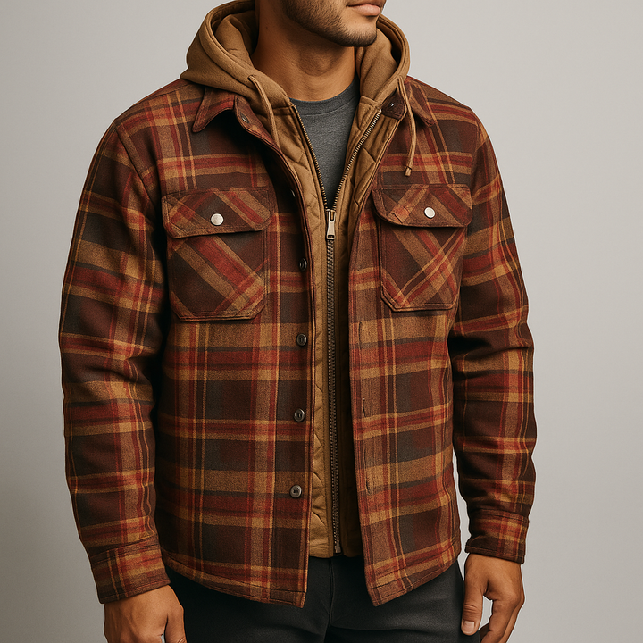 Beckett - Men's Button-Front Plaid Shirt Jacket with Detachable Hood