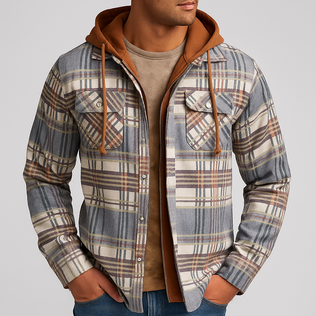 Beckett - Men's Button-Front Plaid Shirt Jacket with Detachable Hood