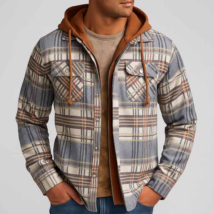 Beckett - Men's Button-Front Plaid Shirt Jacket with Detachable Hood