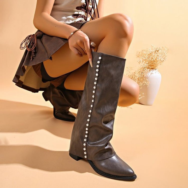 Bella - Women's Pearl-Studded Knee-High Boots