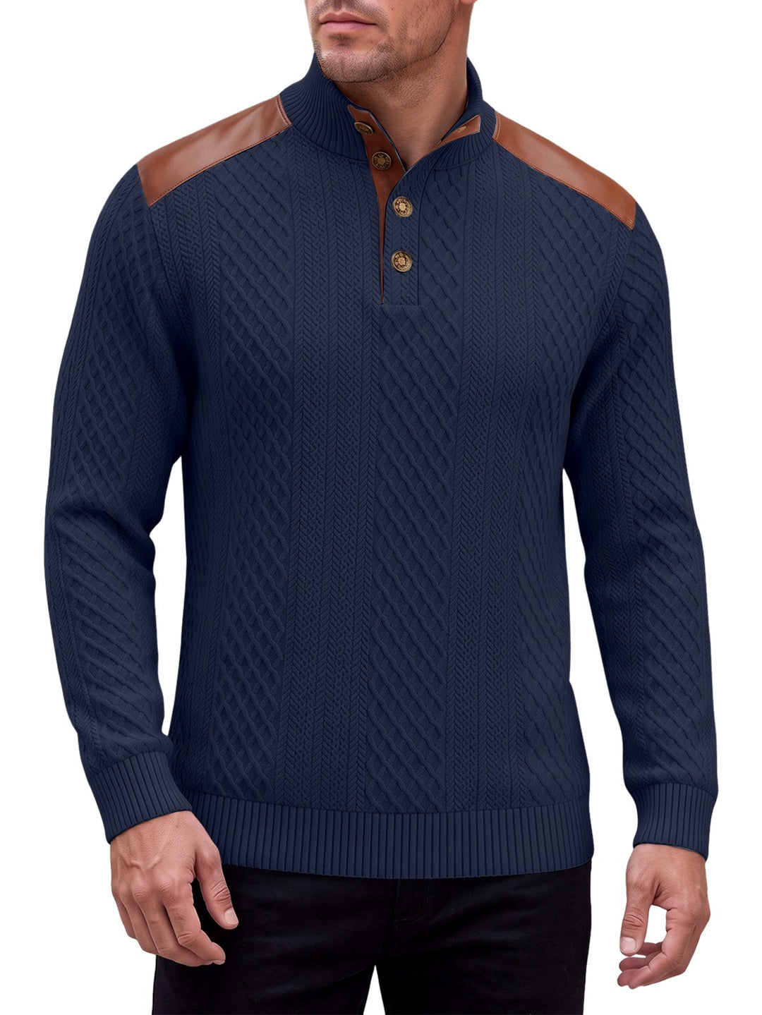 Ben - Men’s Cable Knit Button Mock Neck Sweater  3