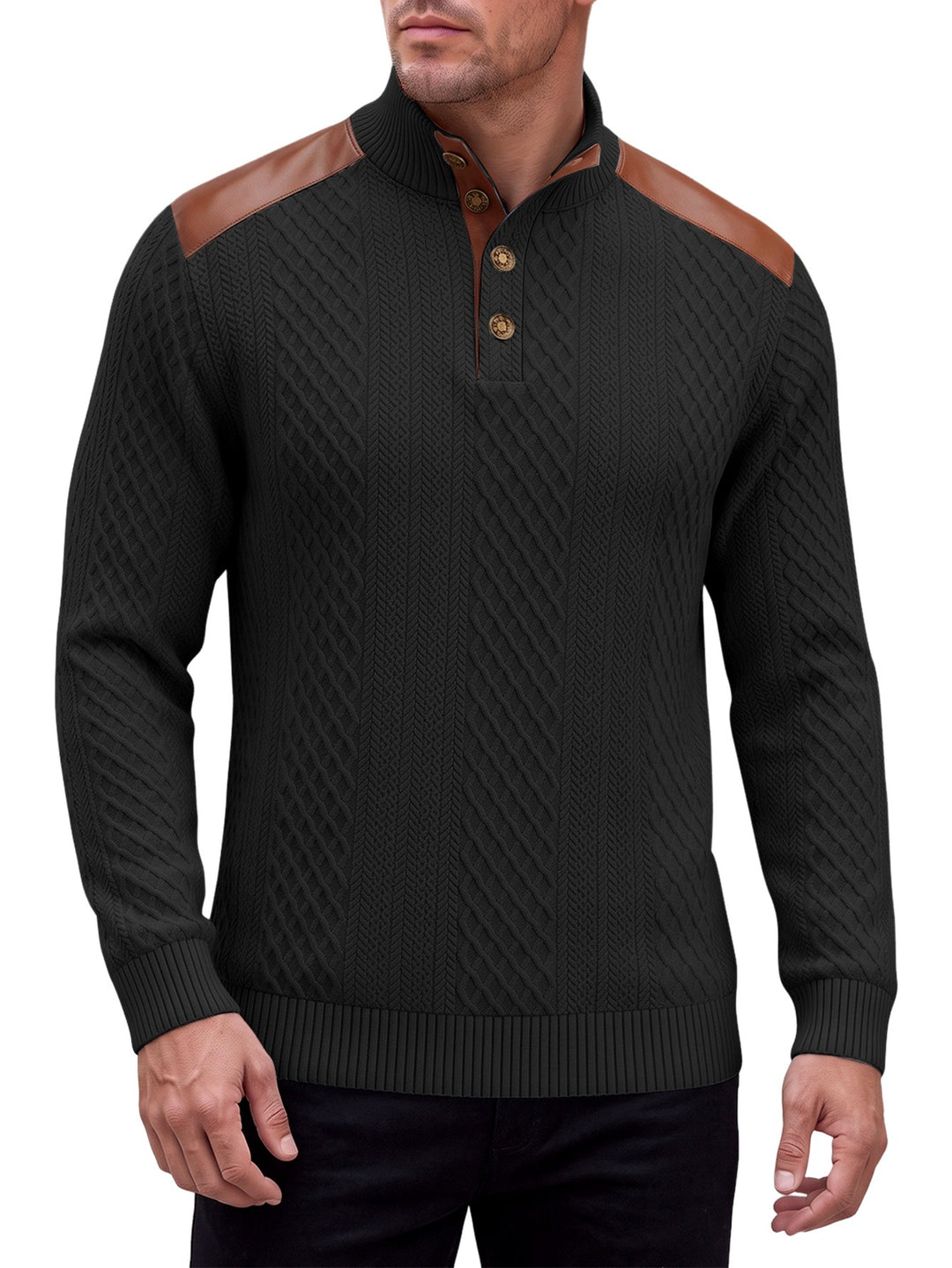 Ben - Men’s Cable Knit Button Mock Neck Sweater  4