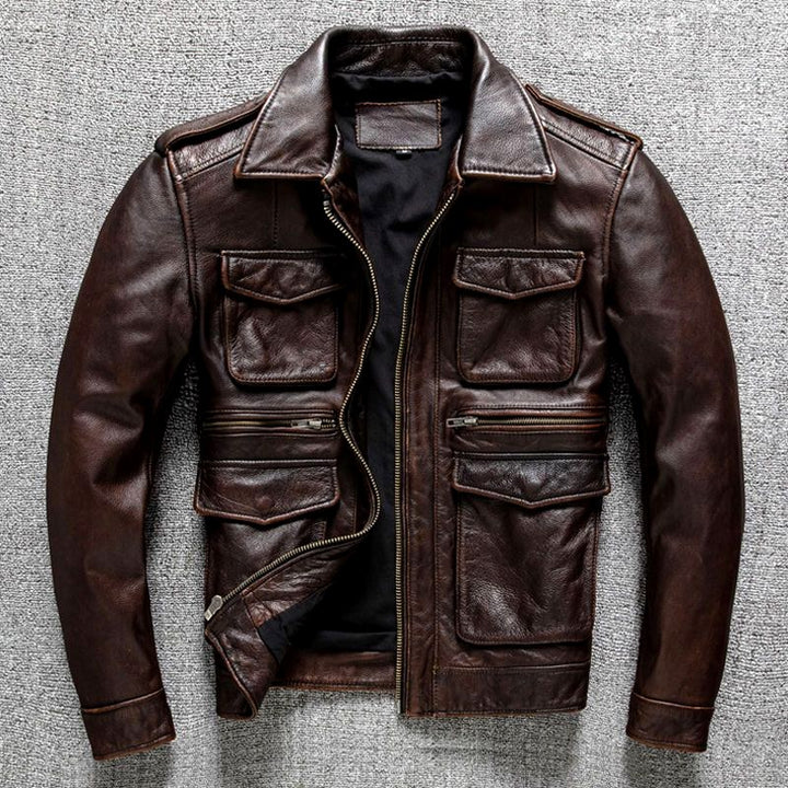 Benjamin - Men's Multi-Pocket Leather Jacket with Zip Front 2