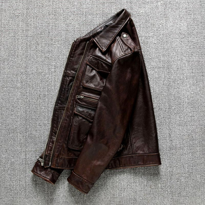Benjamin - Men's Multi-Pocket Leather Jacket with Zip Front 6
