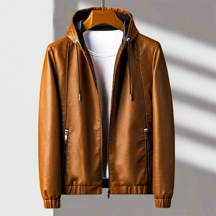 Bentley - Men's Hooded Zip Leather Jacket with Ribbed Cuffs