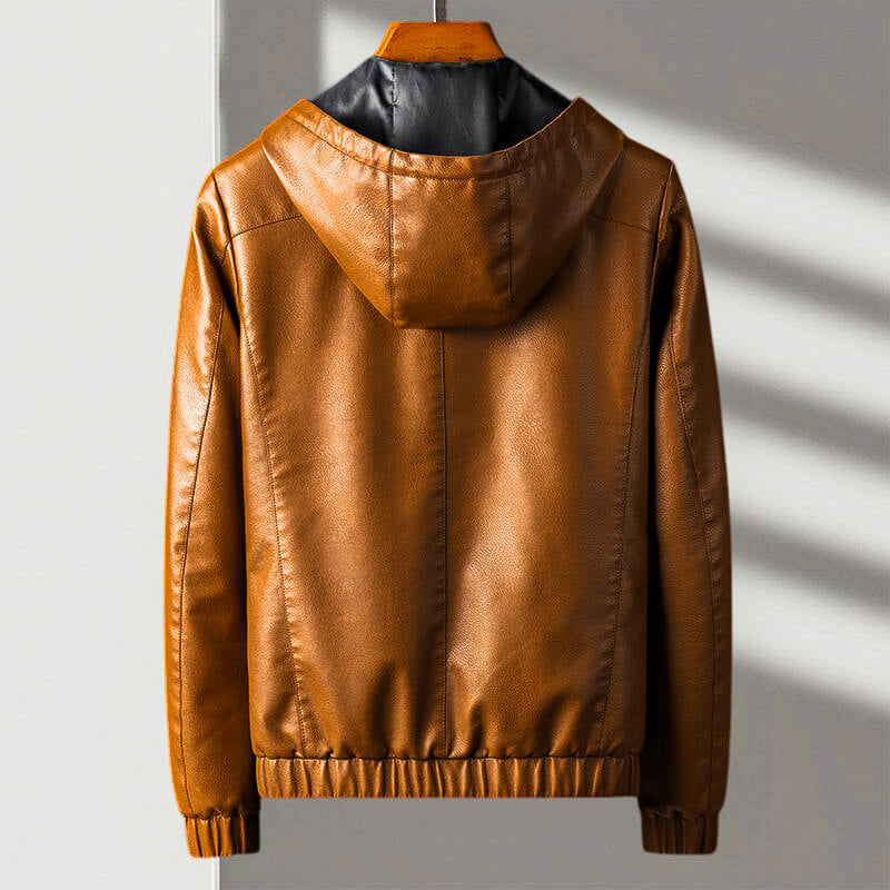 Bentley - Men's Hooded Zip Leather Jacket with Ribbed Cuffs