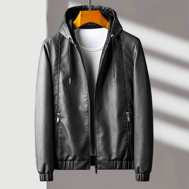 Bentley - Men's Hooded Zip Leather Jacket with Ribbed Cuffs