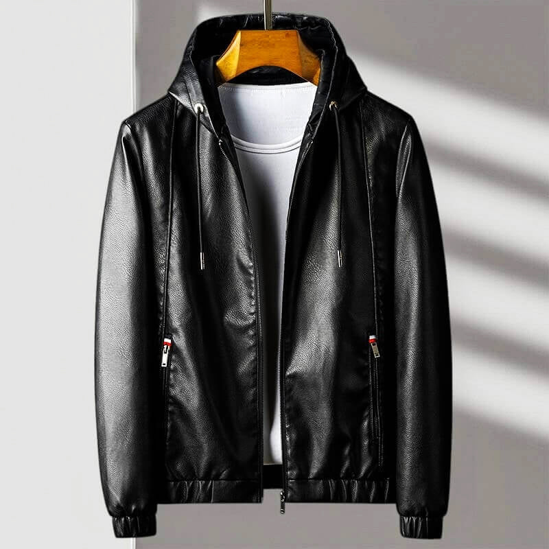 Bentley - Men's Hooded Zip Leather Jacket with Ribbed Cuffs