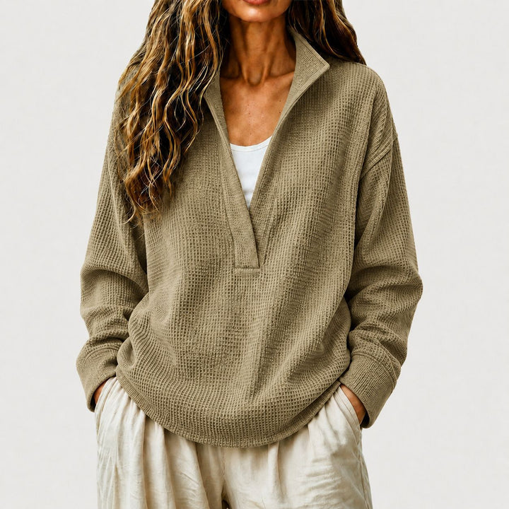 Bethany - Women's Waffle Textured V-Neck Collared Sweatshirt 1