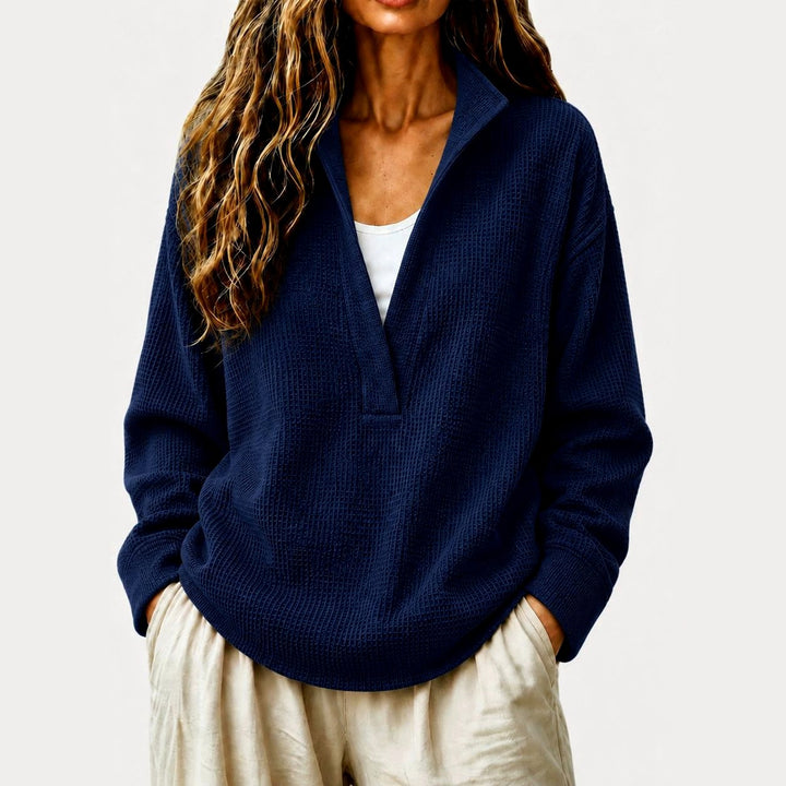Bethany - Women's Waffle Textured V-Neck Collared Sweatshirt 2