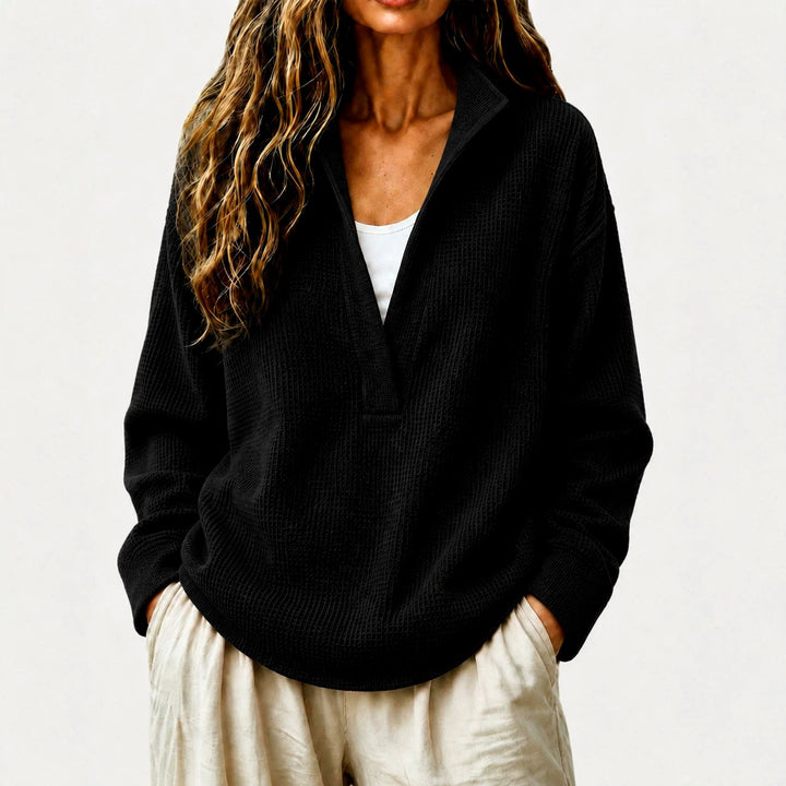 Bethany - Women's Waffle Textured V-Neck Collared Sweatshirt 3