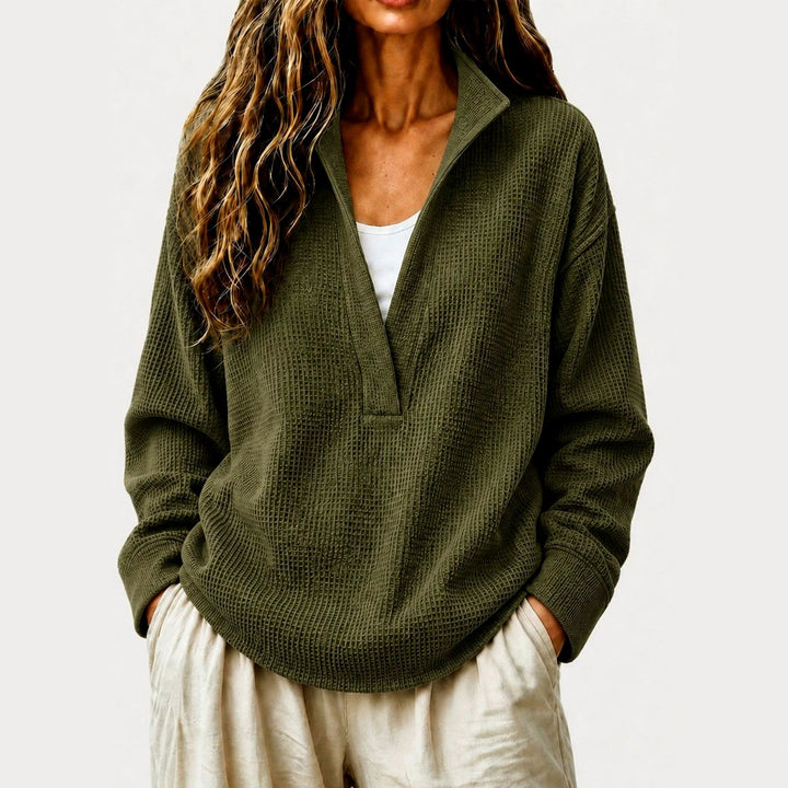 Bethany - Women's Waffle Textured V-Neck Collared Sweatshirt 4