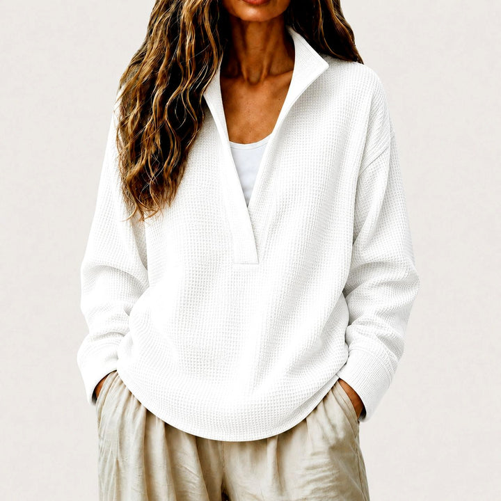 Bethany - Women's Waffle Textured V-Neck Collared Sweatshirt 5