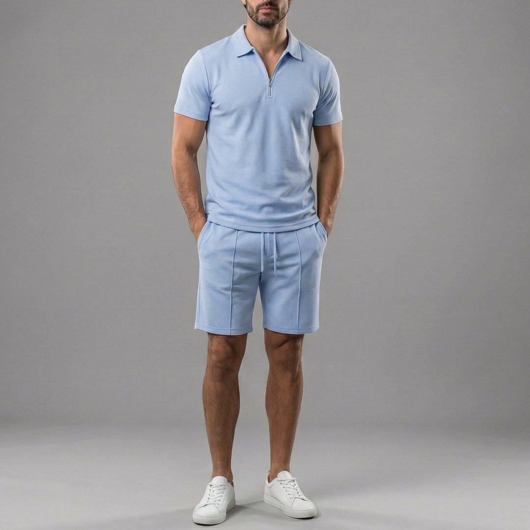 Brandon - Men’s Cotton Zip Collar Polo & Drawstring Shorts Set