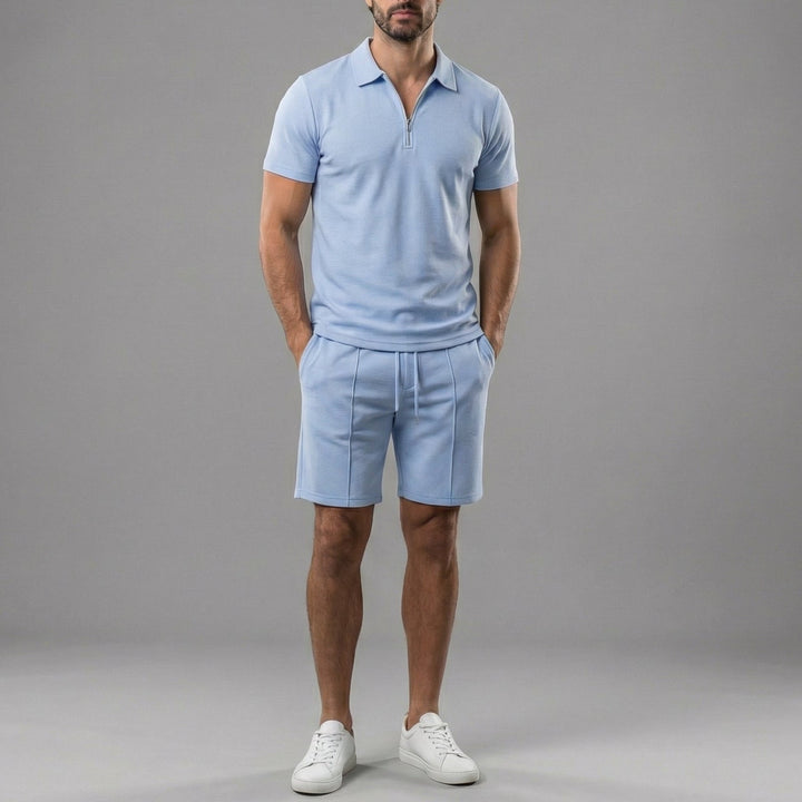 Brandon - Men’s Cotton Zip Collar Polo & Drawstring Shorts Set