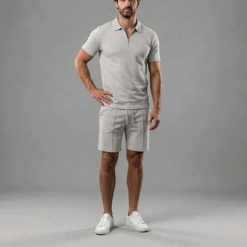 Brandon - Men’s Cotton Zip Collar Polo & Drawstring Shorts Set