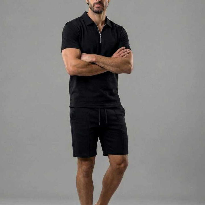 Brandon - Men’s Cotton Zip Collar Polo & Drawstring Shorts Set