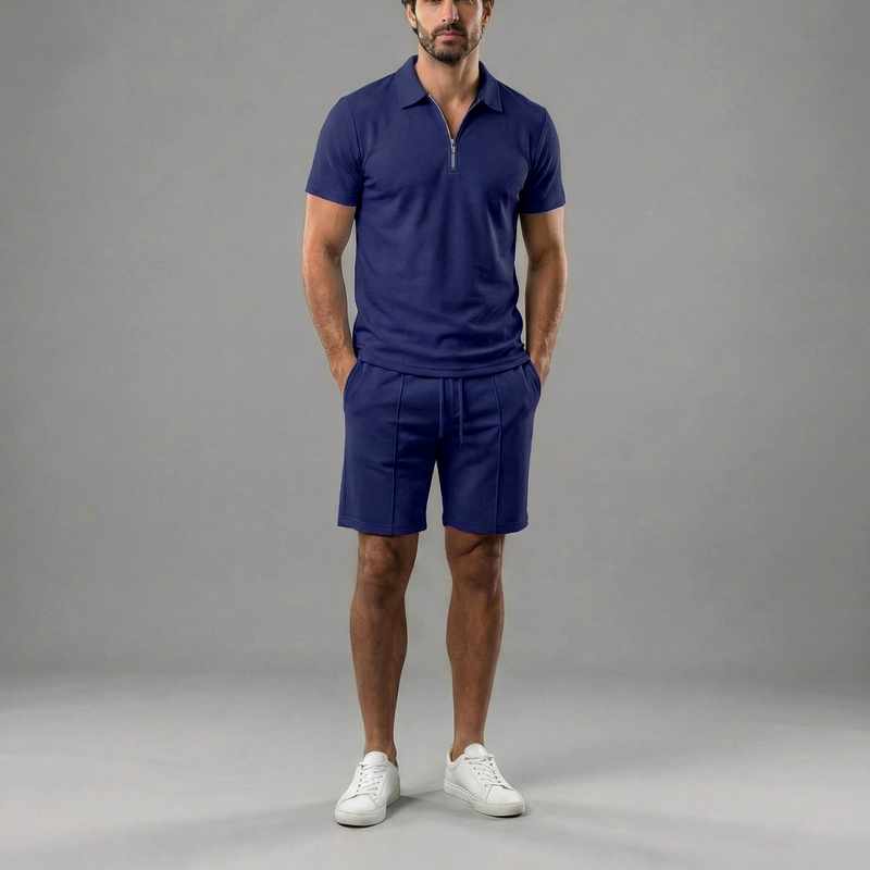 Brandon - Men’s Cotton Zip Collar Polo & Drawstring Shorts Set