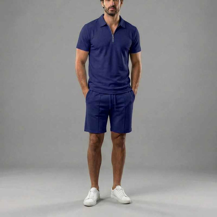 Brandon - Men’s Cotton Zip Collar Polo & Drawstring Shorts Set